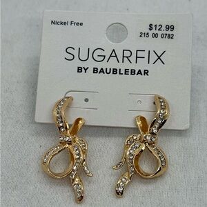 SUGARFIX Rhinestone Bow Earrings Post Style Gold Ribbon Crystal Drop Earrings